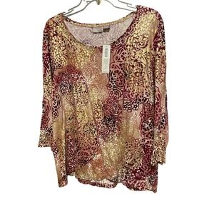 Chicos Zenetry Scoop Neck 3/4 Sleeve Tunic Top Burgundy Gold Floral Print Size M